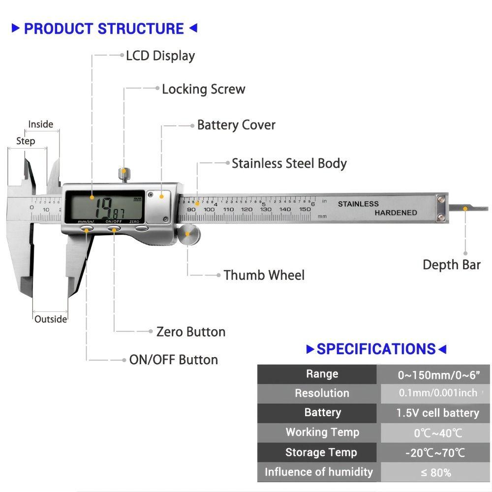 Inch Metric Vernier Caliper LCD Screen Digital Micrometer Micrometer Measurement  Engineering