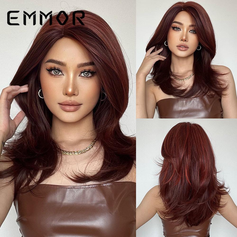 EMMOR Gradient Medium-Long Curly Wig with Side-Parted Flipped French Bangs