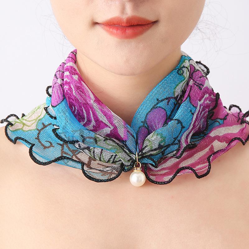 Fashion Printed Gauze Scarf Pearl Pendant Scarf Spring Lightweight Muffler Women Decorative Small Silk Scarf Headband