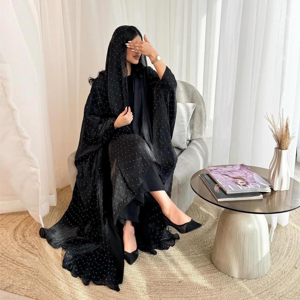 MQ197 Modest Dubai Abaya Set: Long Robe Coat with Hot Drill Details & Headscarf