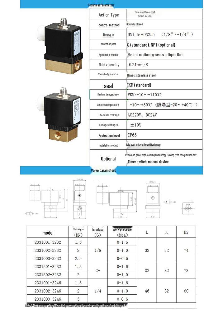 Brass Two-Position Three-Way Direct-Acting Solenoid Valve for Air Compressors