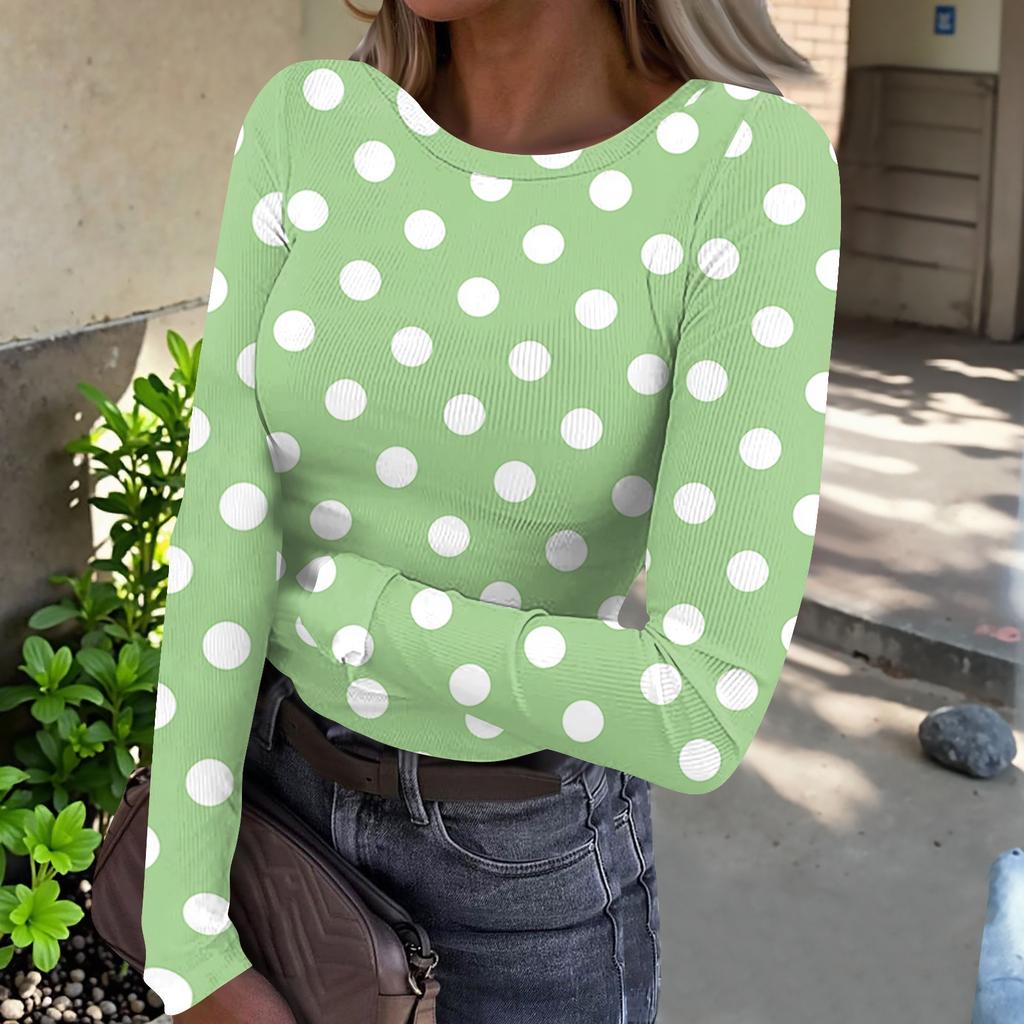 Women Long Sleeve Crew Neck Polka Dot Print Ribbed Knit Casual Top Comfortable Loose Fit Pullover Blouse for Daily Wear