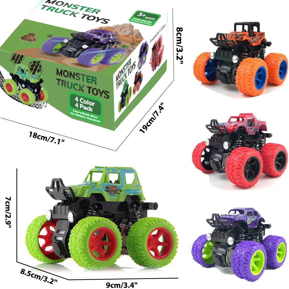 Monster Trucks for Boys, 4 Pack Pull Back Vehicles Cars for Toddlers, 360° Rotation 4 Wheels Drive Durable Friction Cars Powered Push and Go Toys