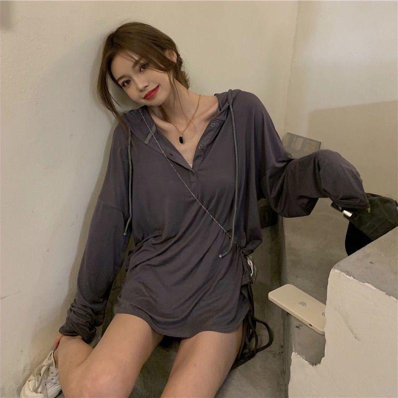 

Ins Тонкая свободная футболка с длинными рукавами и капюшоном, дизайн интернет-знаменитостей, высокая талия, пуговицы на шнуровке 2XL темно-серого