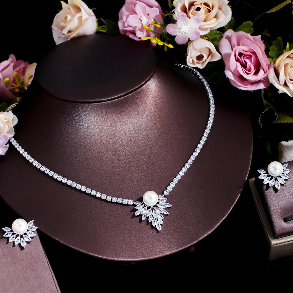 Brautschmuck Kalter Wind Pferdeaugen Zirkon Perlen Schmuckset Kette Halskette Ohrstecker Set