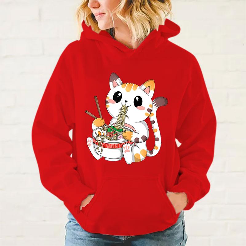 

Новые кавайные толстовки с кошкой, поедающей рамен, для женщин, мужчин, подростков, повседневные, с изюминкой, пуловер, модная толстовка с длинным рукавом M
