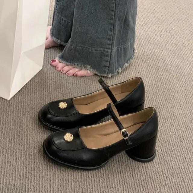 

2024 новый дизайн, туфли Мэри Джейн, женские туфли-лодочки с пряжкой, женская модная элегантная женская обувь на толстом высоком каблуке на каблуке 39 чёрный
