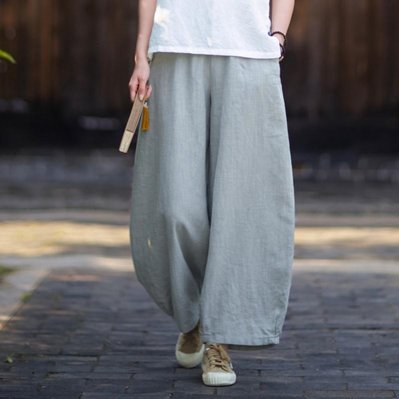 Johnature Women Vintage Bloomers Pants Summer Chinese Style Solid Color Trousers Pockets Soft Pants