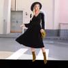 Autumn and Winter Solid Color Outside Long-sleeved Dress Commuter V-neck Pleated High-waisted Dress