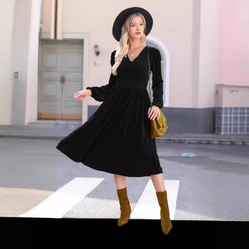 Autumn and Winter Solid Color Outside Long-sleeved Dress Commuter V-neck Pleated High-waisted Dress