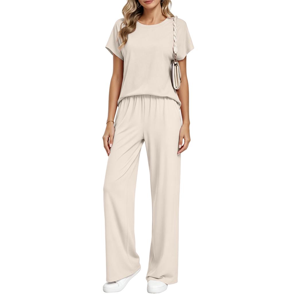 Women Two Piece Set Short Sleeve Top and Long Pants Lounge Wear Casual Sportswear Elastic Waistband