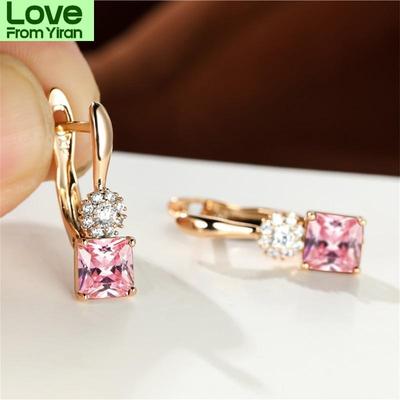 Small Square Stone Rainbow Zircon Earrings Dainty Rose Gold Color Wedding Earrings Female Luxury Crystal Hoop Earrings For Women