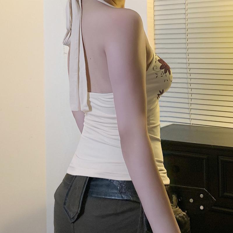 European and American summer retro printed V-neck hanging neck vest women's clothing