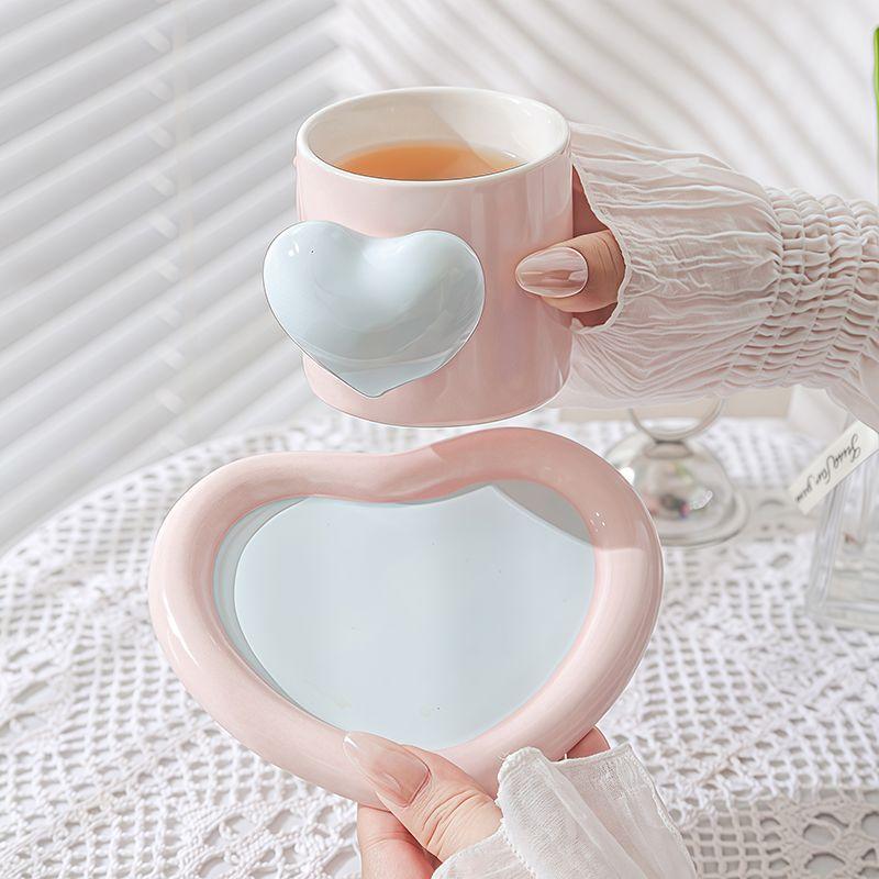 Ceramic Heart Shape Coffee Cup and Saucer Creative Love Couple Mug Exquisite Afternoon Camellia Tea Coffee Cup Breakfast Mug new