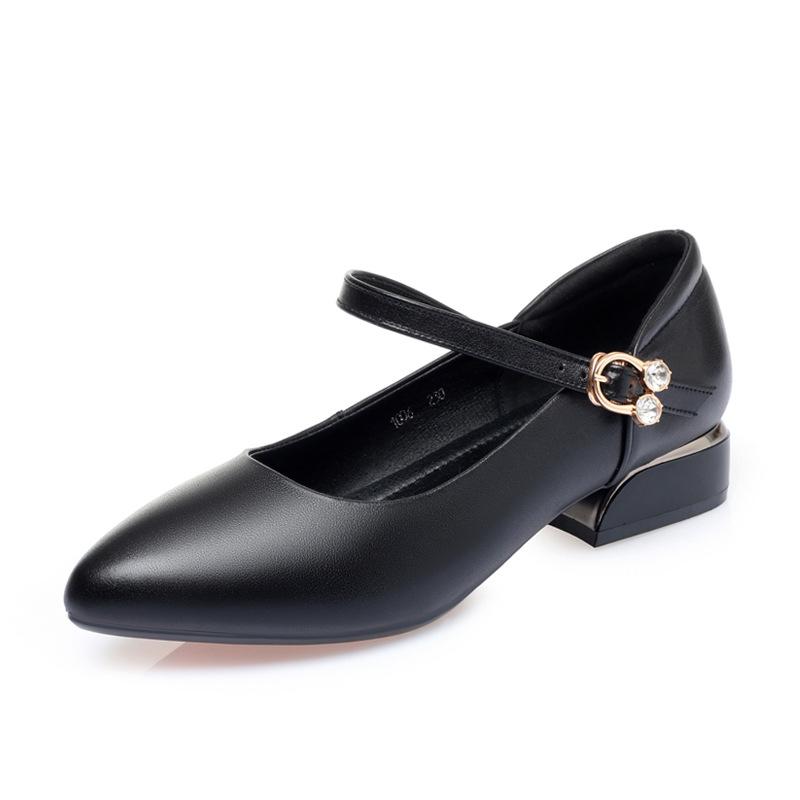 Genuine Leather Lady Pumps Pointed Toe Office Lady Pumps Buckle Strap Shallow Mouth High Heels Thick Heel Wedding Women Shoes