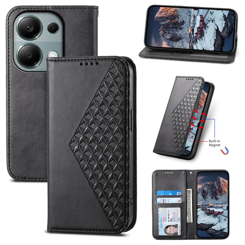 For Xiaomi Redmi Note 13 Pro 4G Case PU Leather Rhombus Imprinted Pattern Wallet Phone Cover