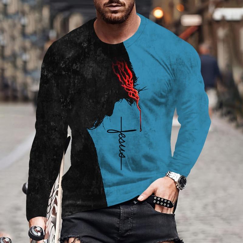 Mens T Shirt Autumn Long Sleeve Top Lion Pattern Clothing Casual O Neck Oversized Cross Print Pullover Autumn Mens T Shirt