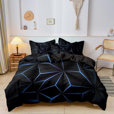 Bettbezug-Set Blau und Schwarz Geometrischer Druck Bettdeckenbezug-Set Personalisiertes Weltraum-Thema Kariertes Bettwäsche-Set für Erwachsene Kinder