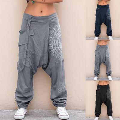 Damen Casual Elastische Taille Baggy Hosen Lang Haremshose Boho Low Rise Schritttiefer Schritt Retro Print Lockere Hose Damenbekleidung 2021