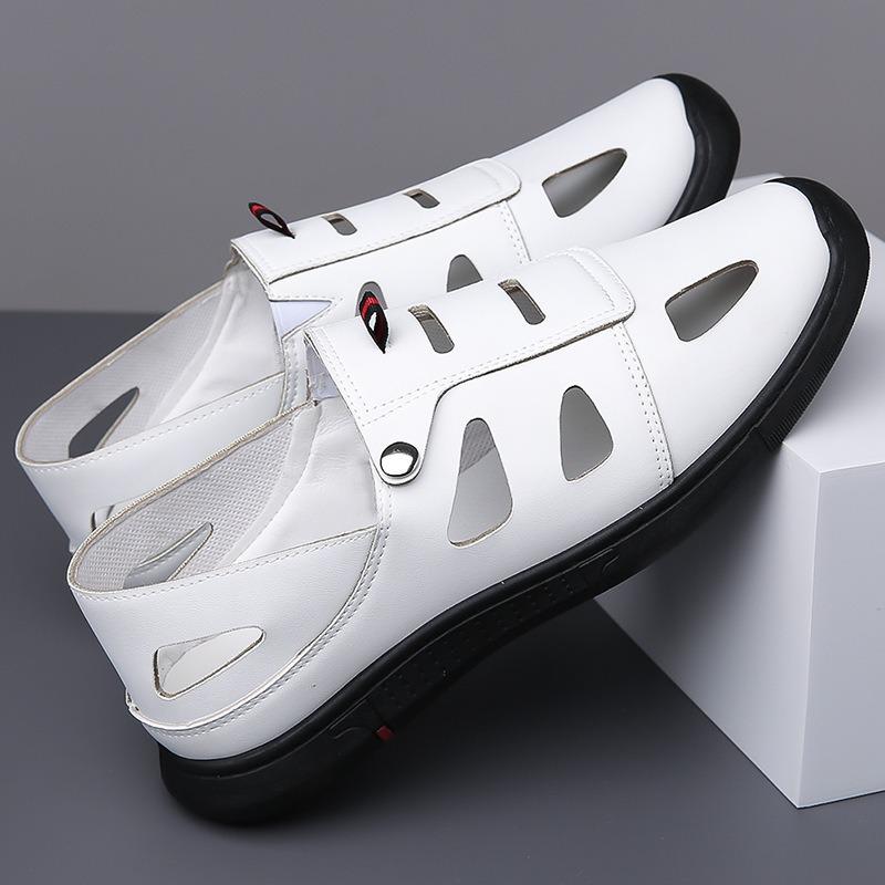 Sandals summer fashion leather surface breathable casual shoes outdoor soft sole soft surface simple black and white hole shoes