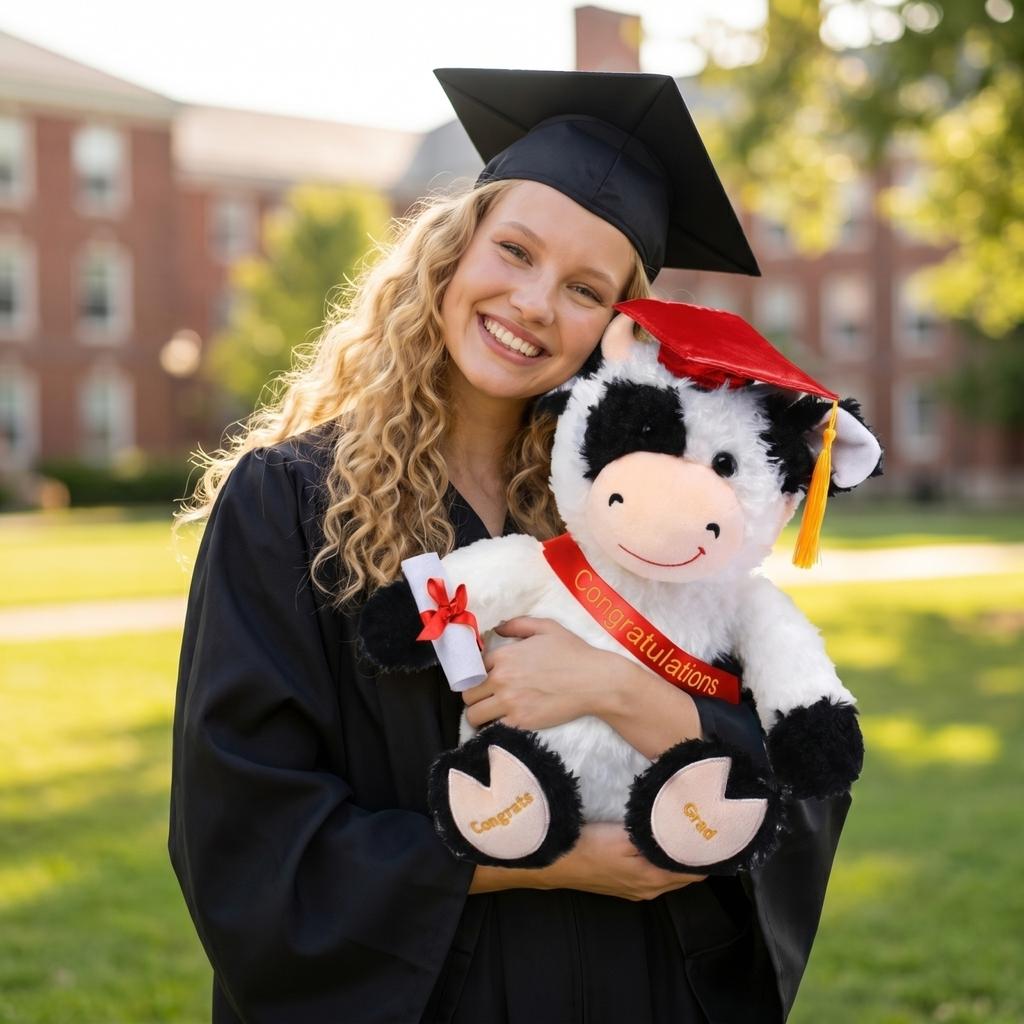 Plush Graduation Cow Toy Soft Stuffed Animal with Graduation Cap and Sash Holding Diploma for Graduation Celebration Gift
