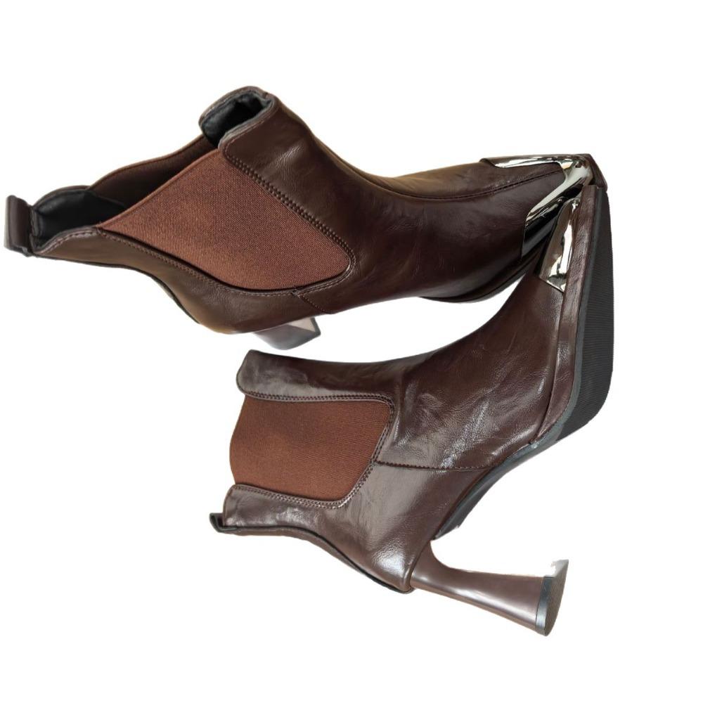 2025 Autumn and Winter New Arrivals Fashionable Pointed-Toe Ankle Boots for Women - High-Heeled Chunky Heel Metallic-Toe Caramel