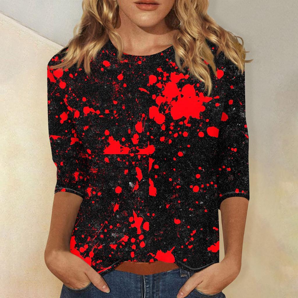 Women's Fashion Casual Round Neck 3/4 Sleeve Loose  Printed T-Shirt Ladies Top