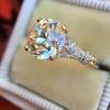 Fashionable Retro Forked Pattern Inlaid with Circular Blue Synthetic Zircon Ring Women's Banquet Party Jewelry Accessories Gift