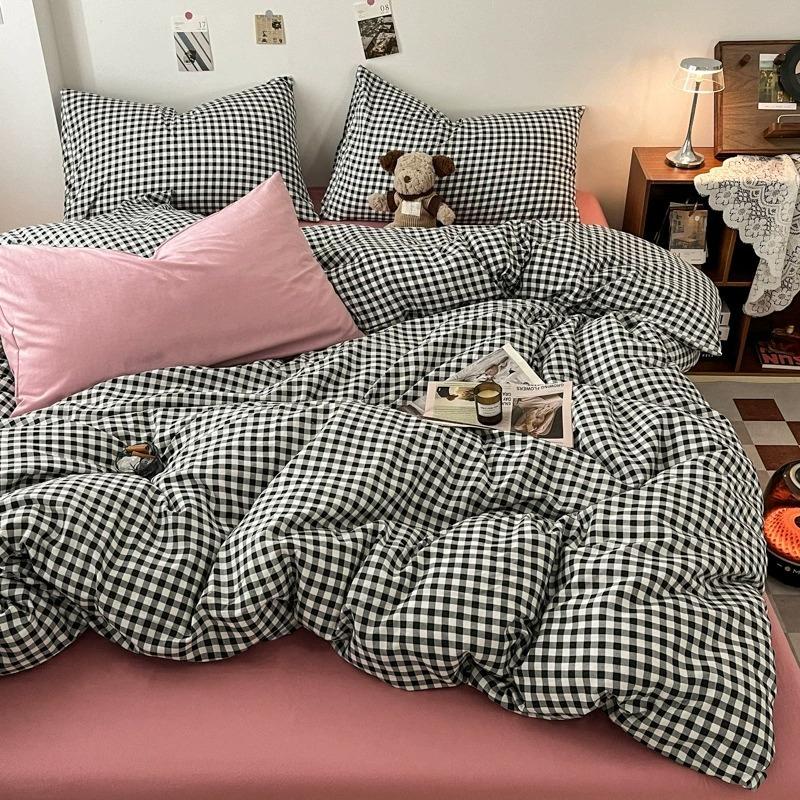 Christmas Style 3/4pcs Simple Plaid Bedding Set Skin-friendly Breathable Quilt Cover Machine Washable Home Bedroom Guest Room