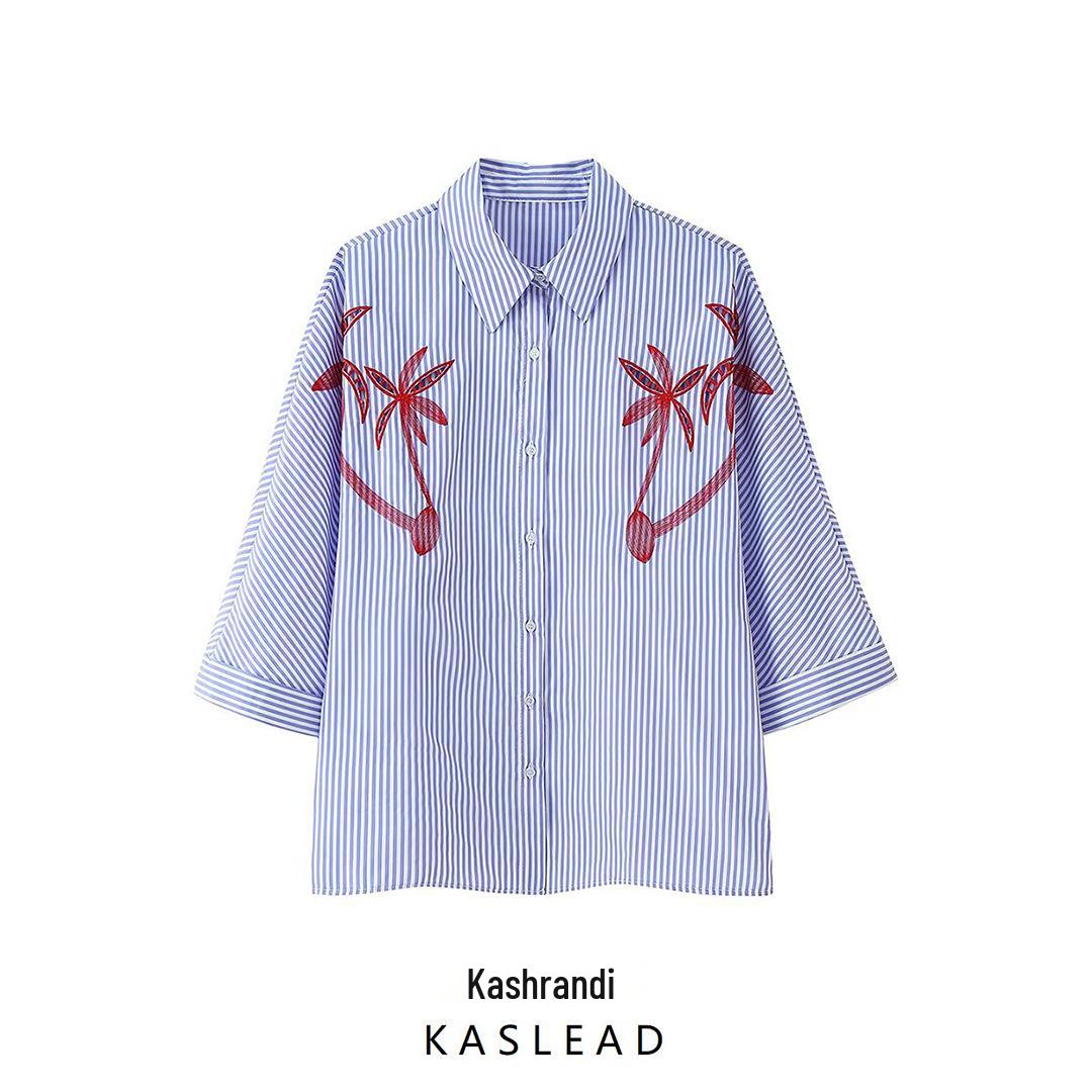 

2025 Spring Women s Fashion: European & American Style Embroidered Striped Shirt L синій