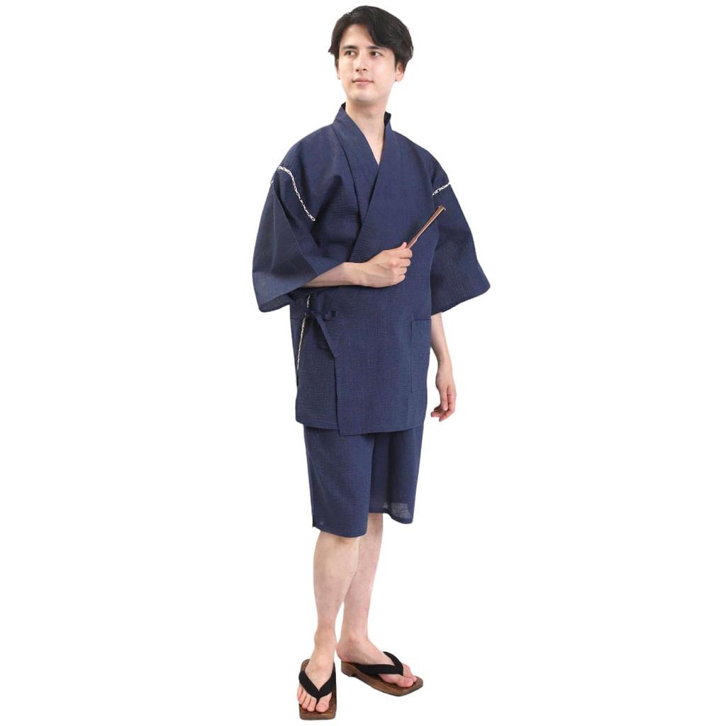 Fuuka Plus Size Jinbei Top and Bottom Cotton and Shijira Summer Samue Day Gift Men's Set, Linen, Weave, Pajamas, Loungewear, Father's (L, [WN06]