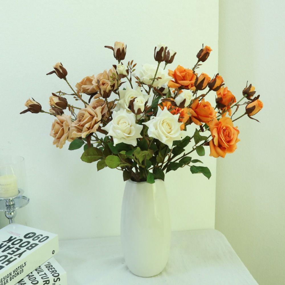 Retro Simulation Rose Flower 3 Head Fake Flowers Artificial Rose Branch  Outdoor Garden Decor