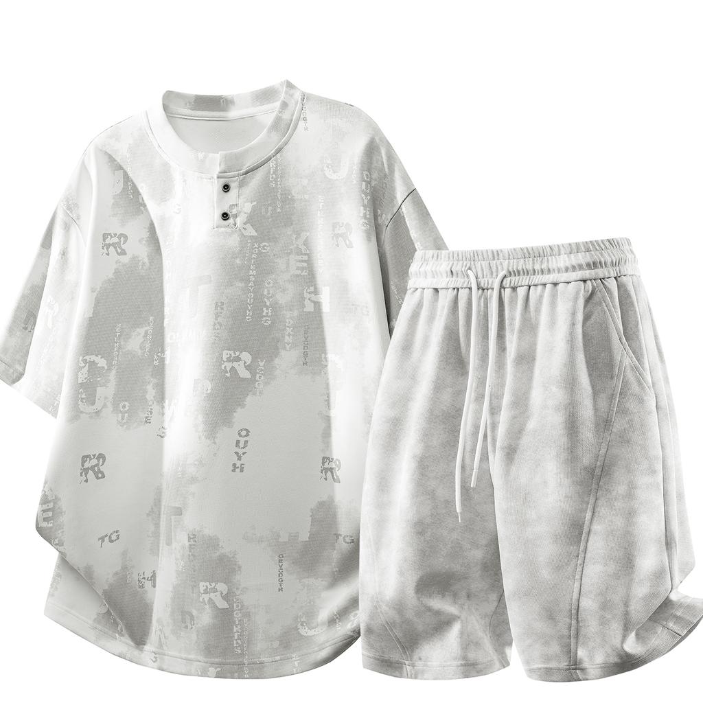 Men's Patchwork Top, Drawstring Design, Comfortable Two-piece Trousers Set