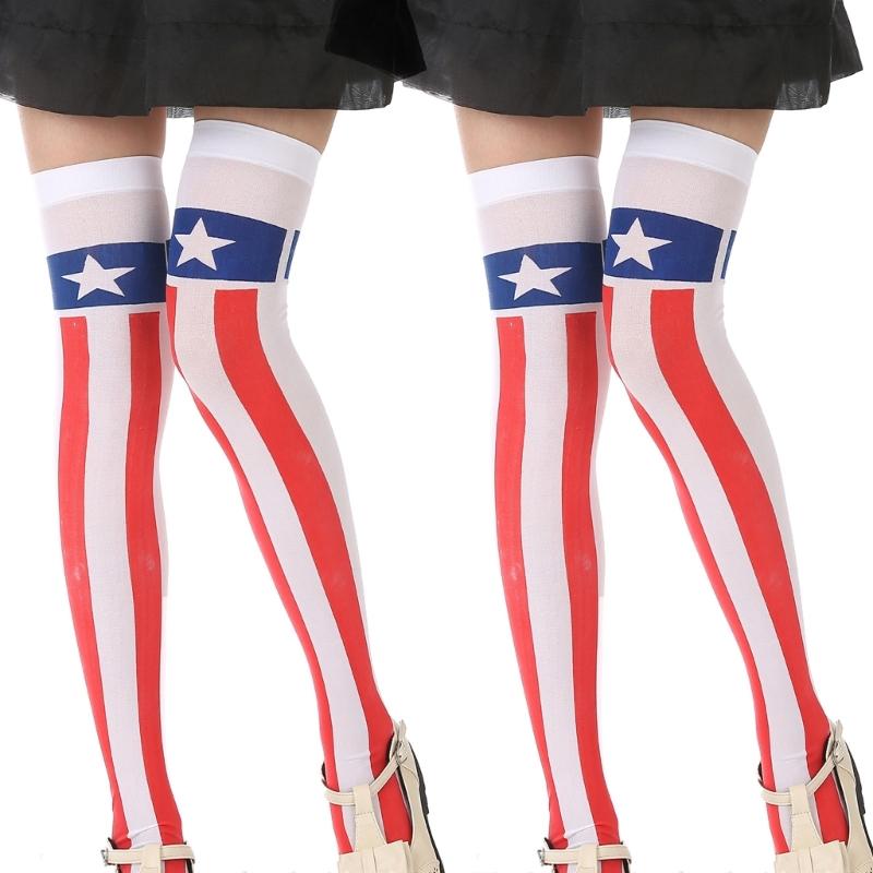Women American Flag Star Striped Printed Over Knee Long Socks Thigh High Stockings for Independence Day Cosplay Costume