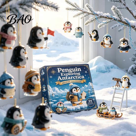Countdown to Christmas Antarctic Penguin Advent Calendar, 24-Day Winter Box with Cute Festive Home Ornament Explorer Ornaments, 2D Acrylic Hanging