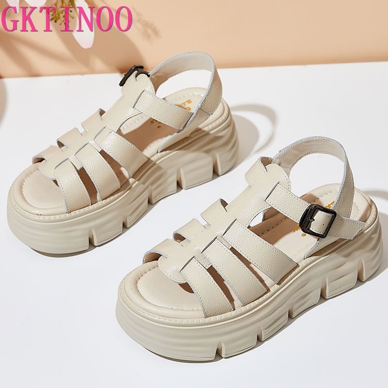 Fashion GKTINOO 6cm New Women Sandals Buckle Slides Cow Genuine Leather Summer Fashion Platform Wedge Luxury Females Comfy Ladies Shoes