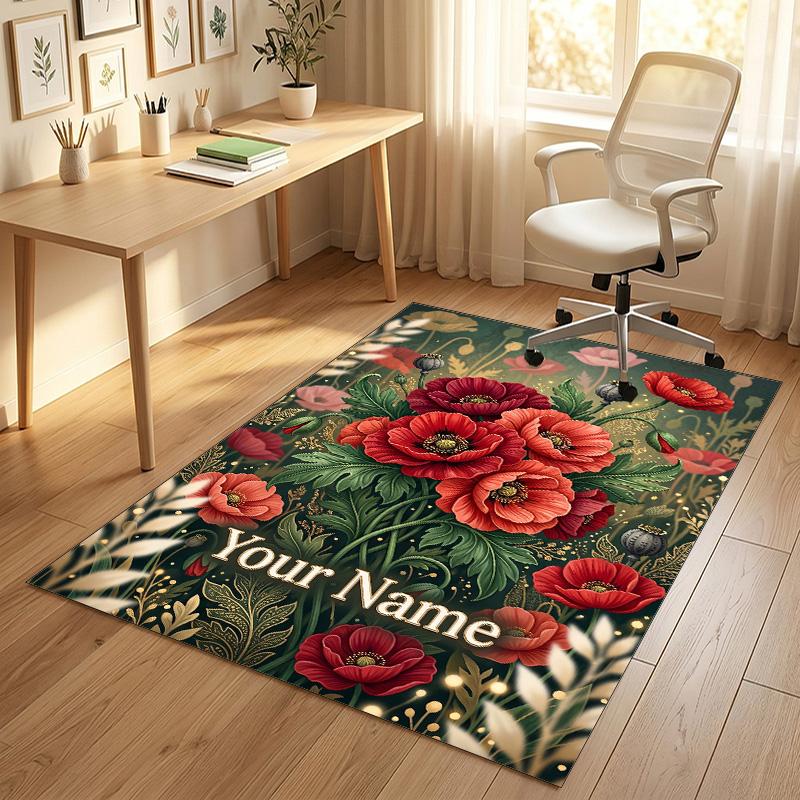 Floral Garden Theme Crystal Velvet Rug Personalized Custom Name Text Soft Floor Mat Home Decor