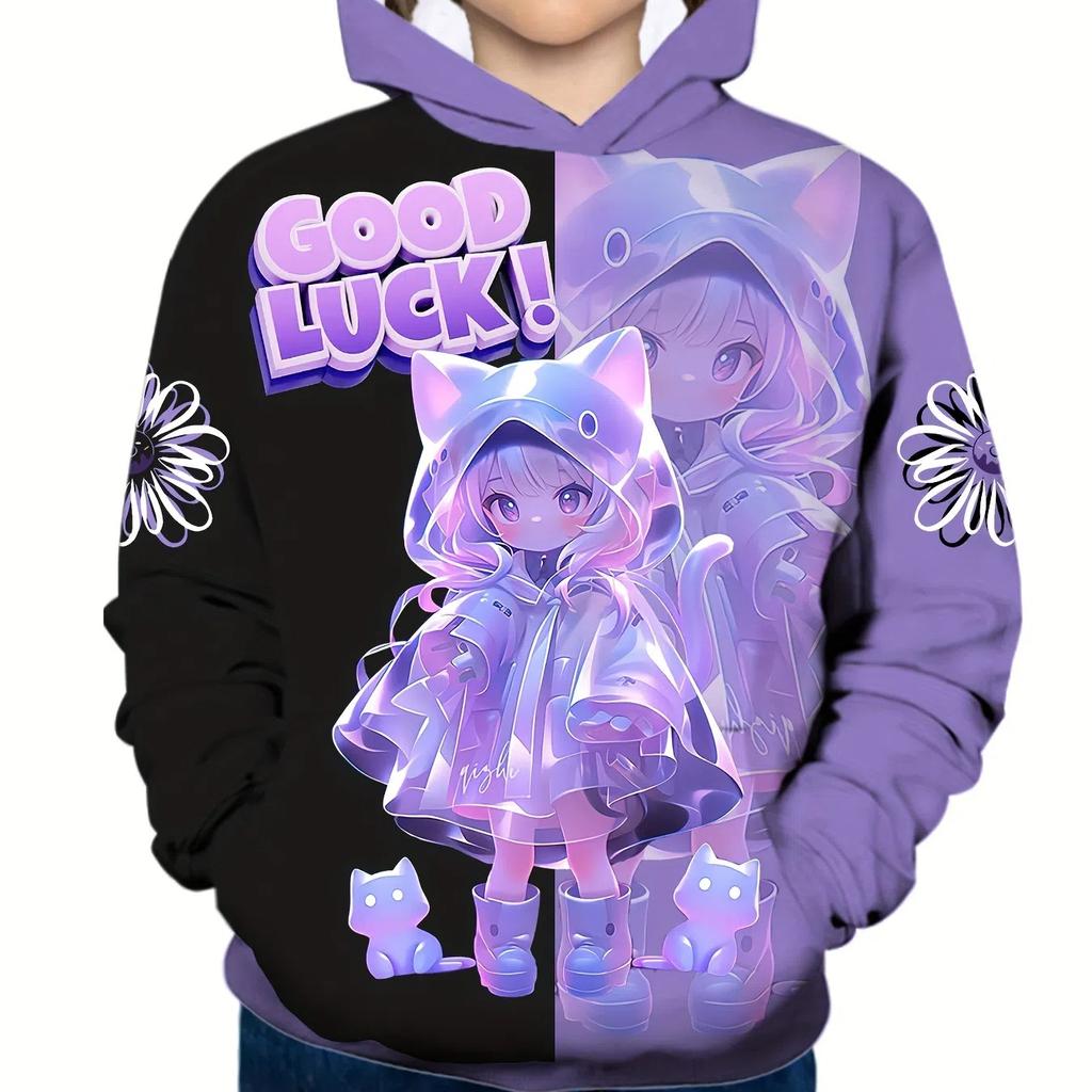 Girl's Cute Anime Girl and Cat 3D Pattern Trendy Hoodie Loose Casual Comfy Tops Hooded Sweatshirts for Kids Fall Winter Clothing