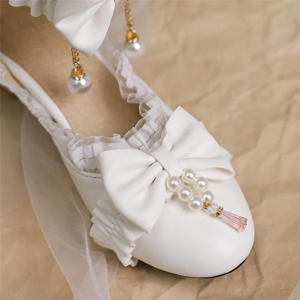 Fashion Spring Summer Women High Heels Mary Jane Pumps Party Wedding White Pink Black String Bead Bow Princess Cosplay Lolita Shoes