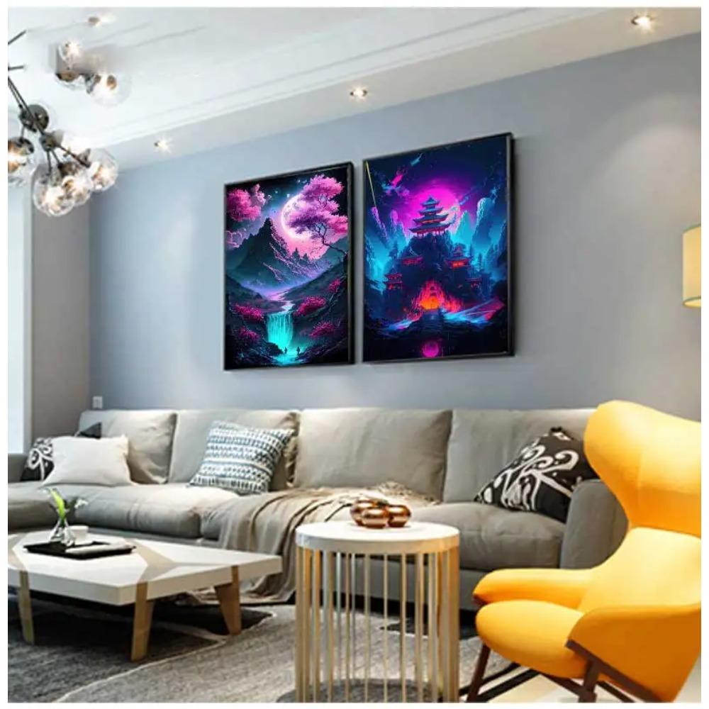 Fantasy Pink Neon Color Landscape Wall Art Canvas Paintings Japanese Anime Cyberpunk Poster Prints Pictures For Home Decoration