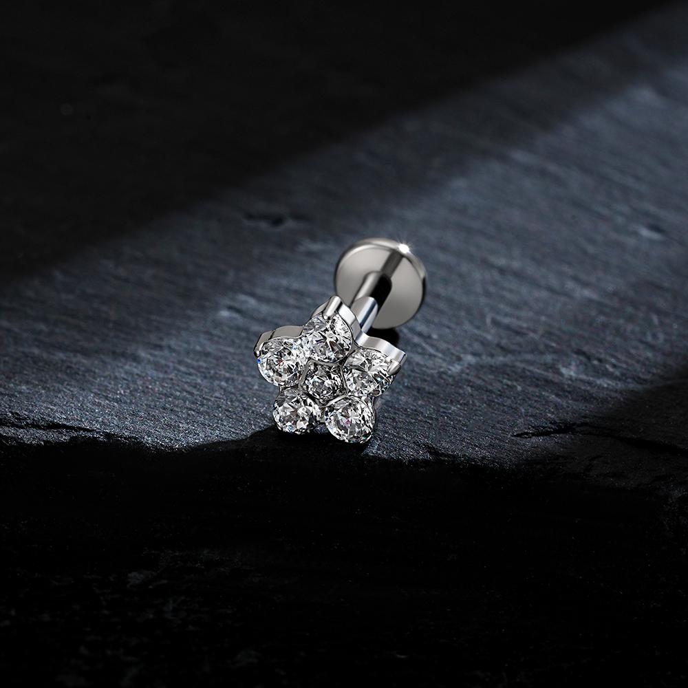 Right Grand ASTM F136 Titanium 5 CZ Flower Lip Labret Monroe Stud 16G Floral Cartilage Helix Earring Flat Back Piercing Jewelry