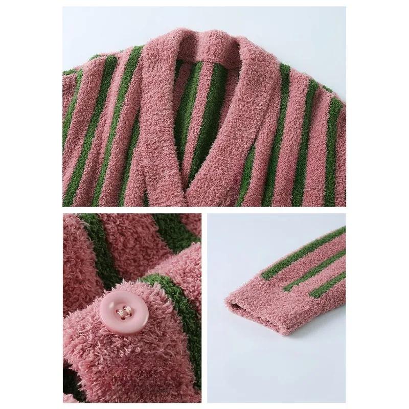 Striped Coral Velvet Pajamas Women Winter Thermal Half Velvet Nightclothes Two-Piece Female Fleece-lined Thicken Loungewear Suit