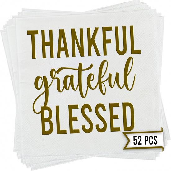 Happy Thanksgiving Napk 52 Pcs, Cocktail Thanksgiving Napk Disposable, Paper Friendsgiving Napkin, Friendsgiving Decorations, Grateful and Thankful -