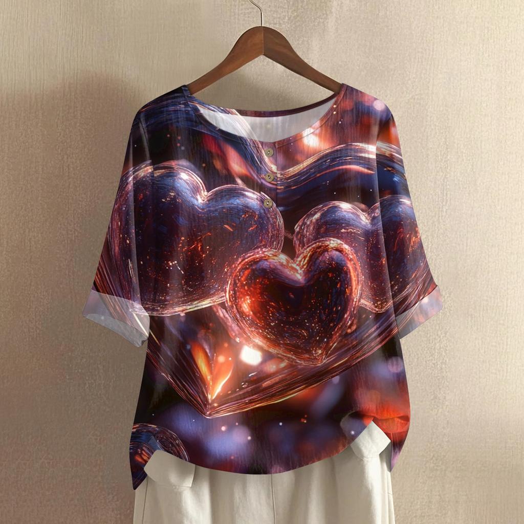 Damska koszulka z nadrukiem na Walentynki, casualowa, z krótkim rękawem, okrągłym dekoltem, z bawełny i lnu