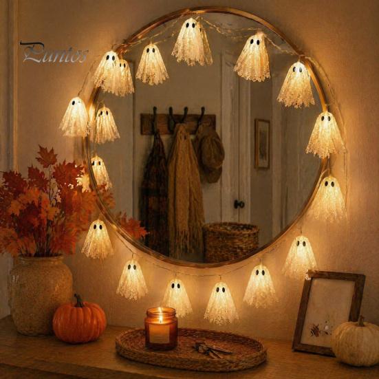 Cute Ghost Ornaments for Bedroom 6.6FT Halloween Light Up Garland, Lace LED Fairy String Light, Warm White Lights Home Spooky Hanging Bunting