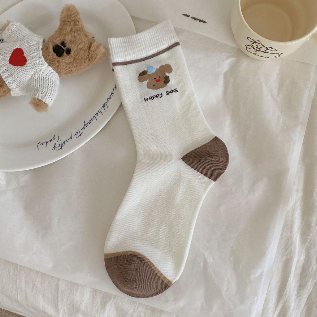 Female Autumn and Winter New Casual Color Stripes Dot Embroidery Small Flower Letter Cute Cartoon Tube Stack Socks