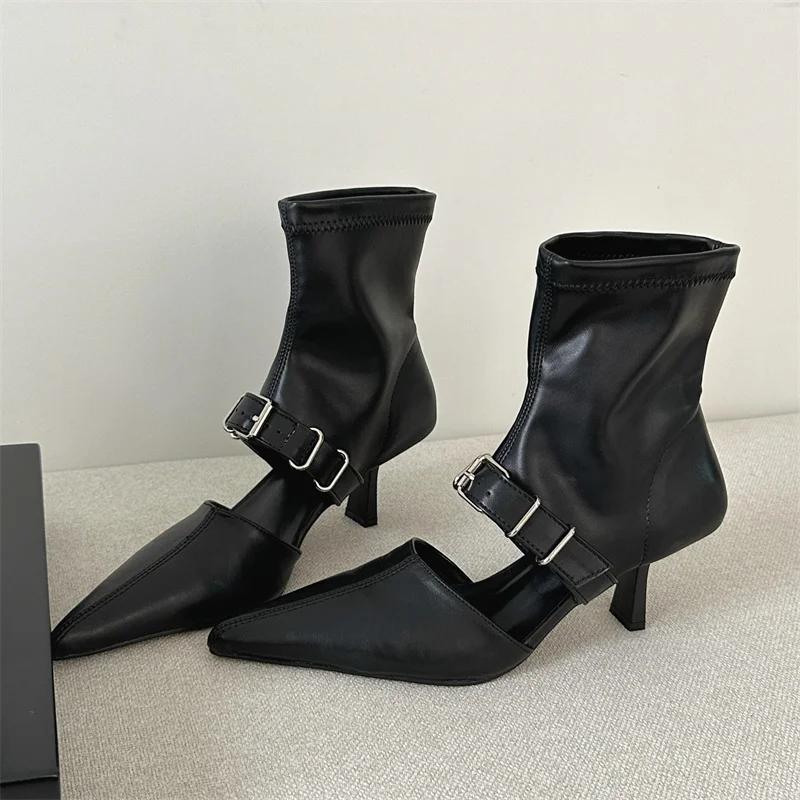 Eilyken Street Design Belt Buckle Hollow Out Women Ankle Boots Sandals Pointed Toe Thin Low Heels Ladies Shoes