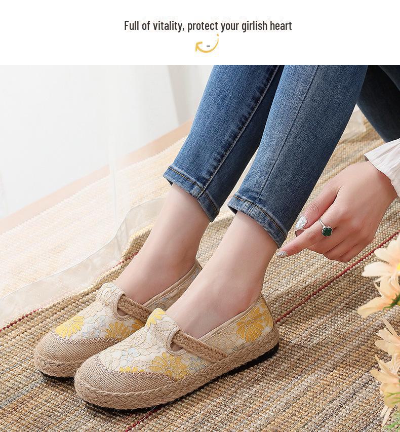 Damskie etniczne lniane buty codzienne - lekkie, antypoślizgowe, oddychające, z miękką podeszwą na wiosnę i jesień