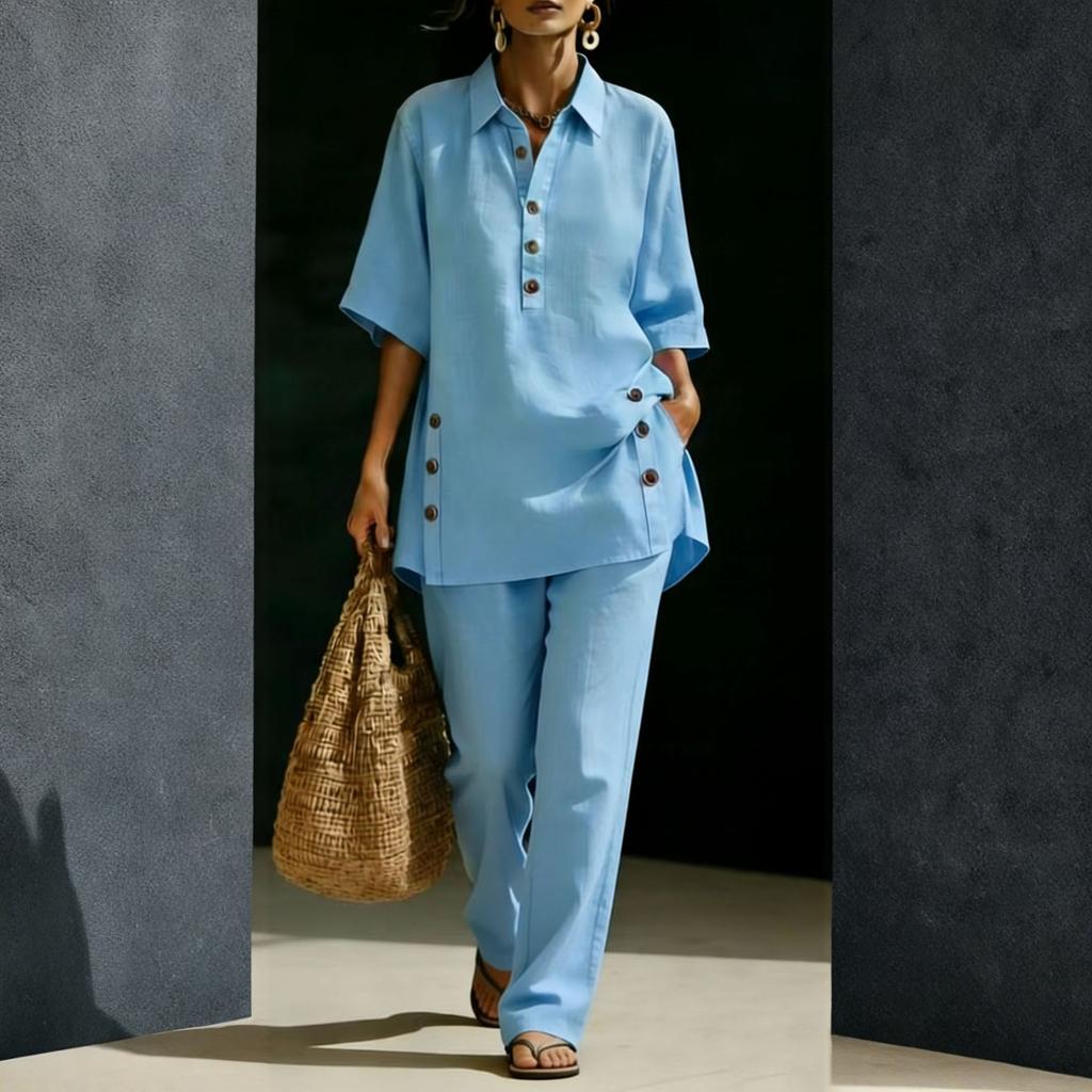 Women Two Piece Set Loose Fit Short Sleeve Shirt with Button Detail and Wide Leg Pants Casual Outfit for Everyday Wear