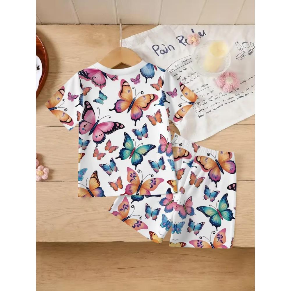 2-Piece Summer Children's Comfortable Cute Butterfly 3D Print Short Sleeve Shorts Set for Boys and Girls Casual Home Outdoor Set
